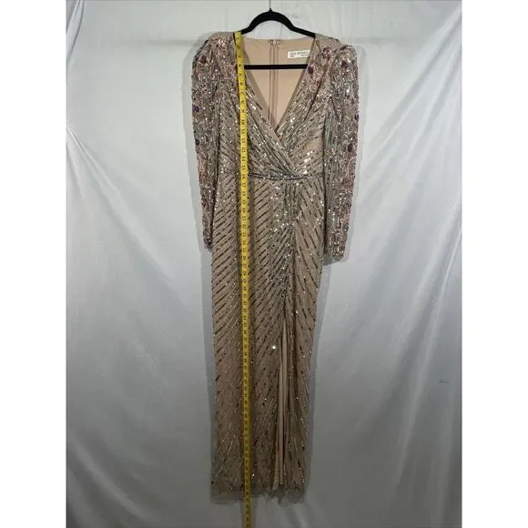NWT $698 Mac Duggal [ 8 ] 5628 Long Sleeve Embellished Puff Sleeve‎ Gown Nude